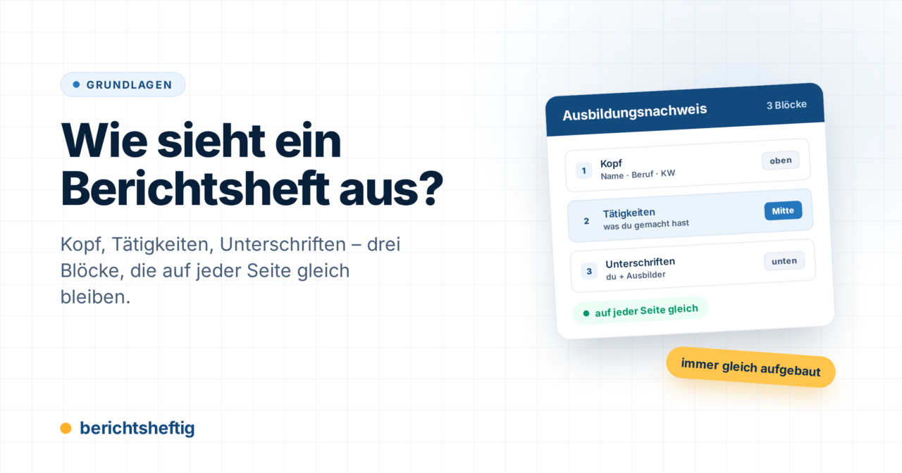 Wie sieht ein Berichtsheft aus? Aufbau in 3 Blöcken