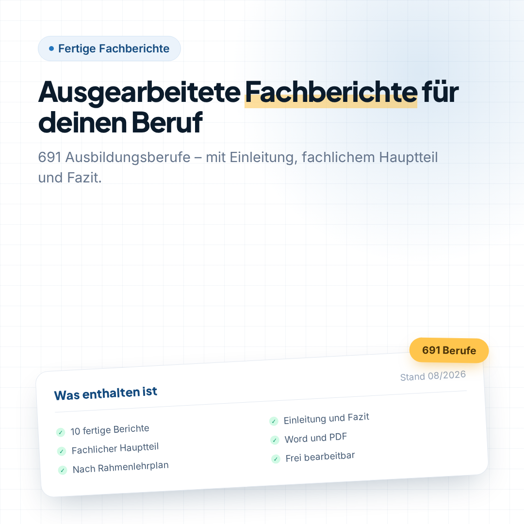 Fertige Fachberichte für 691 Ausbildungsberufe als Word-Datei zum Download