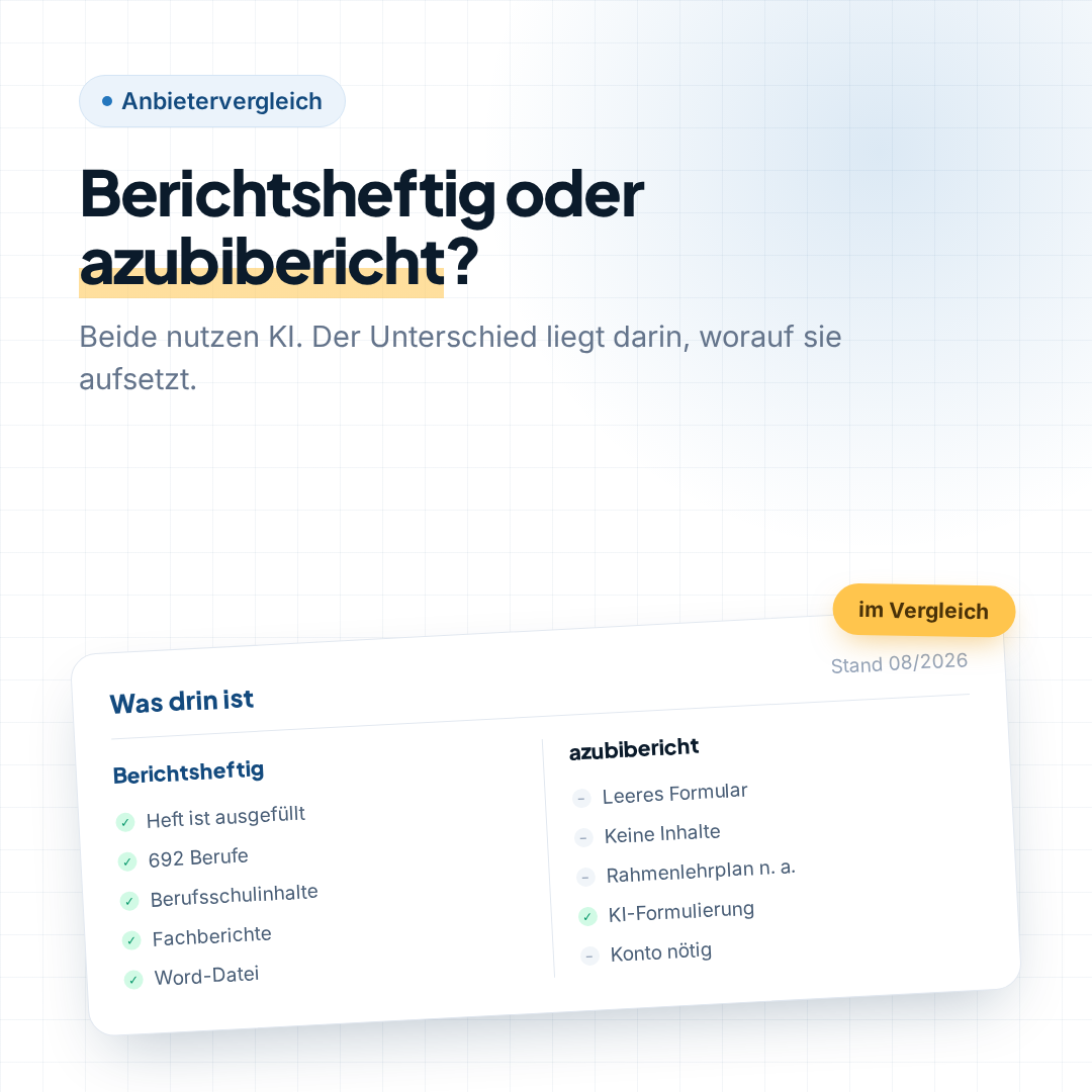 Berichtsheftig und azubibericht im Vergleich – KI-Generator mit hinterlegten Berufsdaten